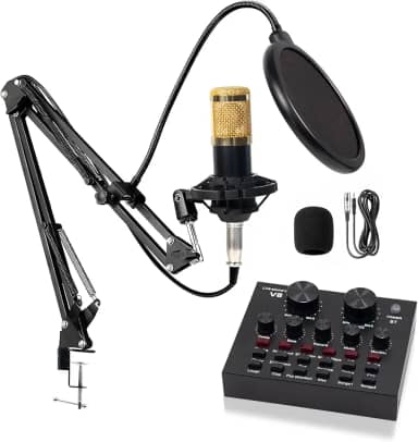 Microfone Condensador, Kit Microfone Condensador com Placa de Som e Braço Articulado e Pop Filter para Transmissão Ao Vivo, Podcast, Gravação de Audio