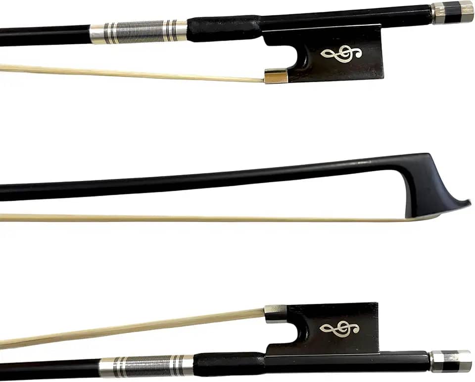 Arco Profissional Fibra de Carbono Liso Preto para Violino 4/4 - Talão Ébano Clave sol Crina Mongólia