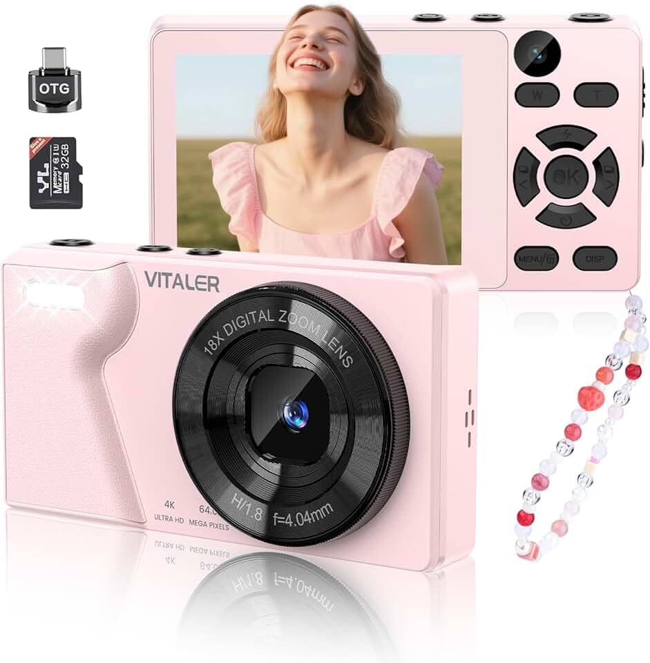 Câmera digital com lente frontal traseira, câmera de foco automático de 64 MP 4K para fotografia com cartão de 32 GB, câmera compacta portátil para adolescentes adultos iniciantes com capa de