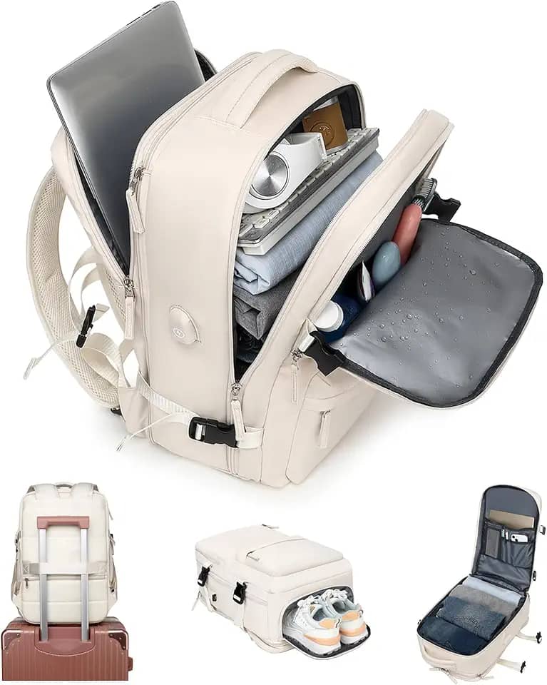 Mochila de Viagem Feminina Expansível 30-40L, Antifurto com Porta USB, Compartimento para Laptop 17.3", Aprovado como Bagagem de Mão, Leve 0.88kg, para Homens e Mulheres, Trabalho e Passeio