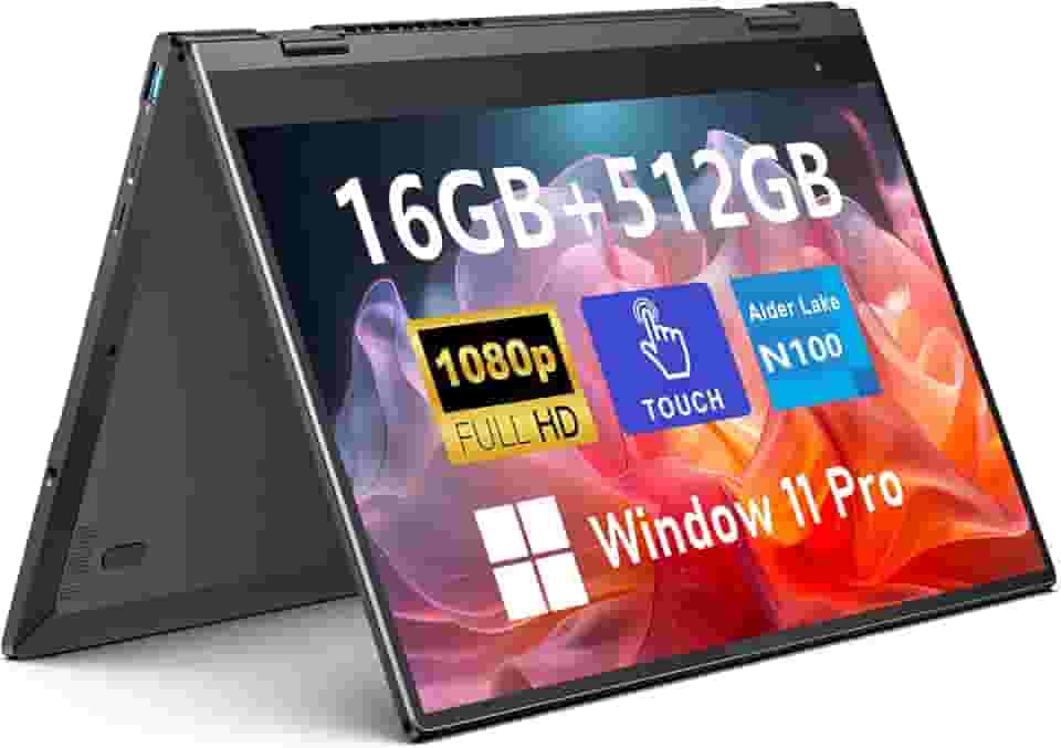 FUNYET Laptop Com Tela Sensível Ao Toque, 14 Polegadas, 2 Em 1, Para Jogos, Intel N100, 16 Gb De Ram, Ssd De 512 Gb, 1920 X 1080, Desbloqueio Por Impressão Digital, Teclado Retroiluminado, Wi-Fi 6,