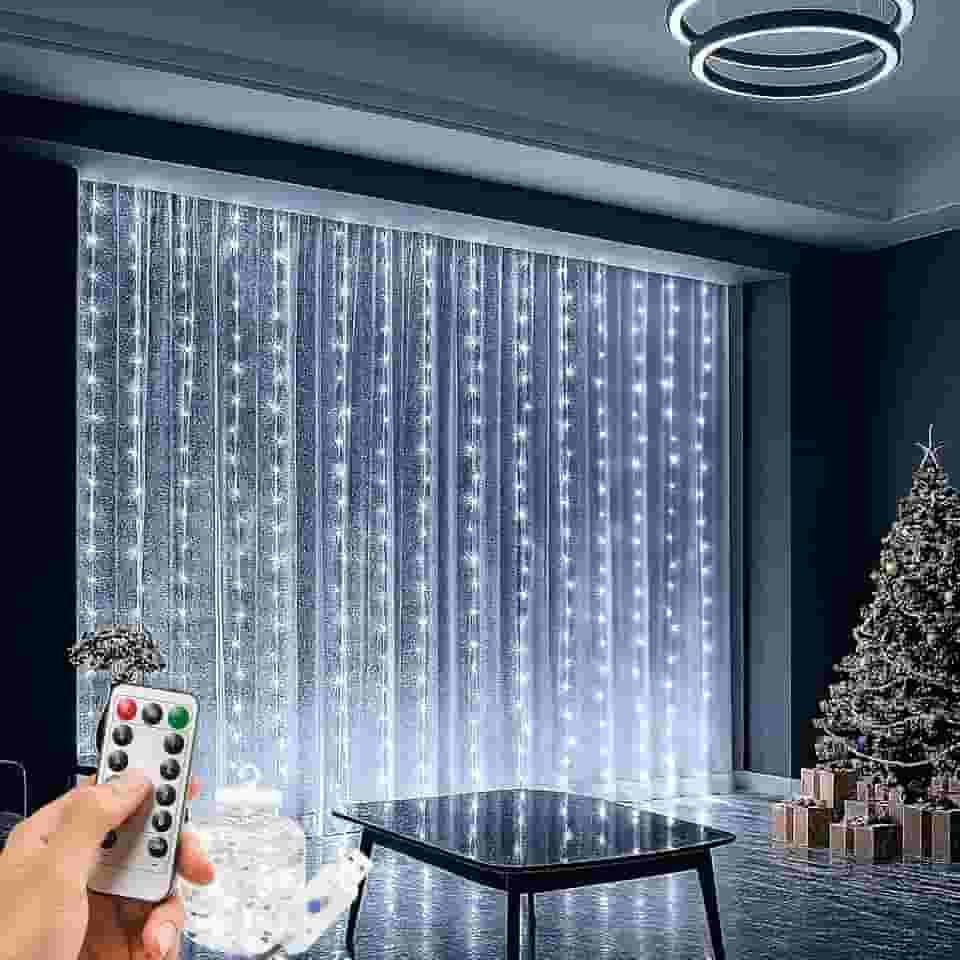 Cortina de LED 3x3m com 300 Leds Brancas Fria, Decoração de Natal, Ano Novo, Casamento, Festas e Eventos Especiais Controle Remoto, 8 Modos, Fio de Cobre, Quarto, Varandas, Janela, – VIA USB 110V/220V