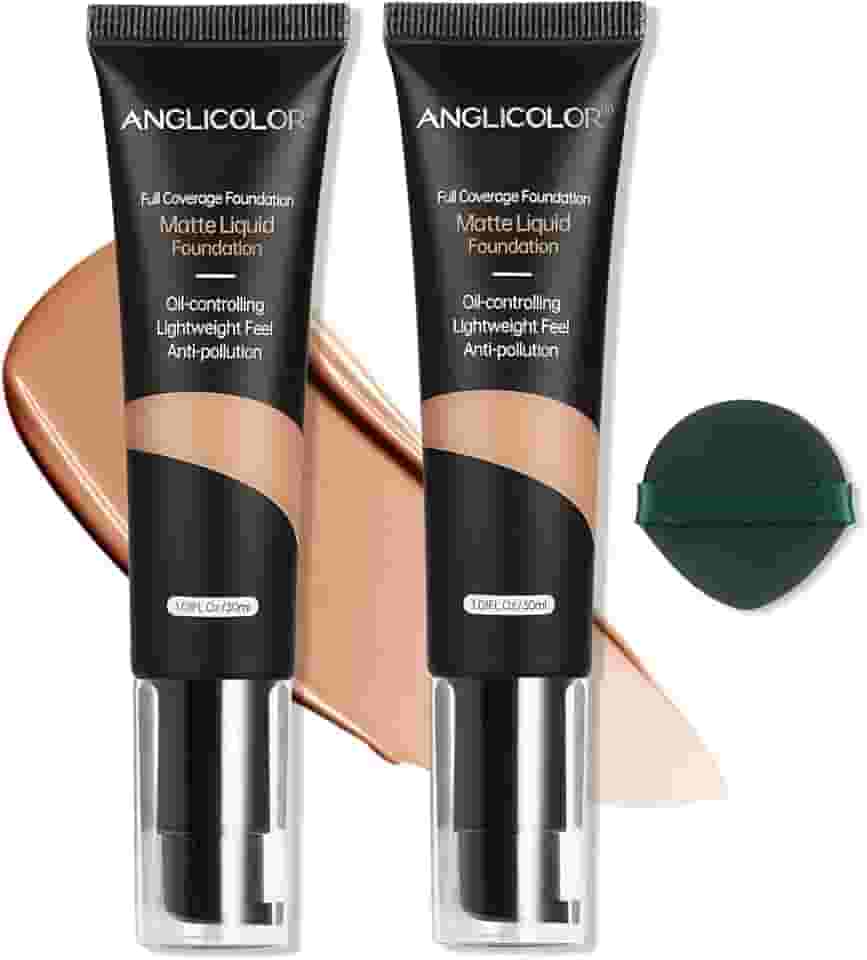 Anglicolor Base corretiva de controle de óleo fosco, 2 peças, maquiagem de base macia e duradoura à prova d'água, cobertura total, base de corretivo forte para pele oleosa com acne (2 peças, 105, 60