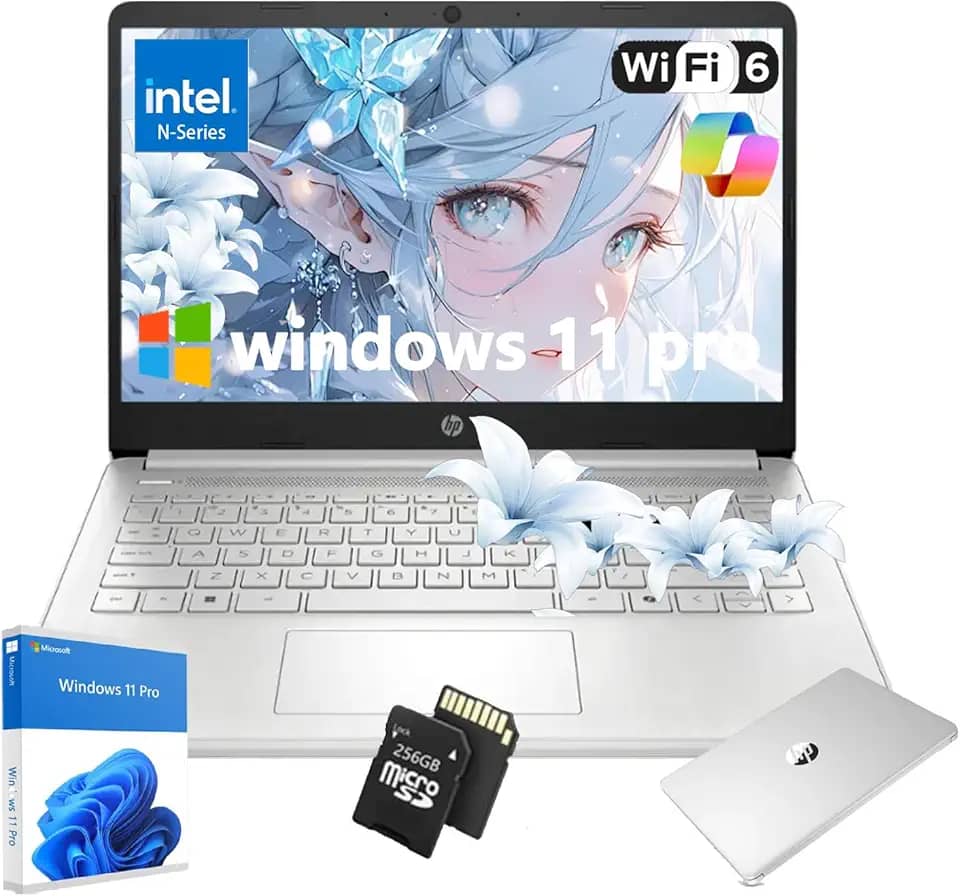 HP Laptop emblemático para uso diário – Intel Quad-Core (até 3,4 GHz) • Leve • com cartão SD de 256 G para estudantes e negócios • Win 11 Pro e alimentado por IA • 16 G de RAM • 128 G UFS • Prata