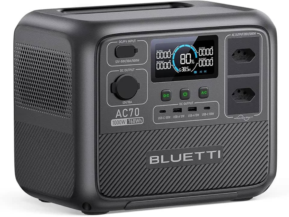 BLUETTI AC70 Estação de Energia Portátil, 768 Wh Bateria de Reserva LiFePO4 com 2 Saídas CA de 220V / 1.000 W (2.000 W Power Lifting), 100 W Tipo C, Gerador Solar para Viagens, Falta de Energia