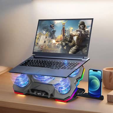 Cooler Notebook Profissional com 5 Ventiladores RGB, Base Refrigerada para Notebook 9-17“ – Suporte Ajustável 5 Ângulos, Controle Touch HD, Material ABS + Alumínio – Operação Silenciosa (26-30 dB)