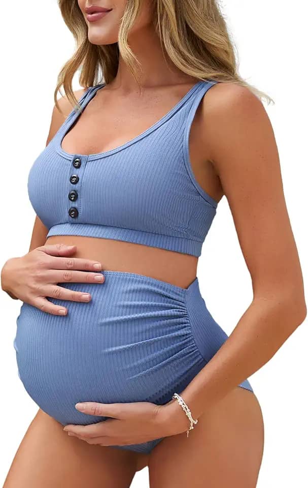 Biquíni de cintura alta com nervuras para gestantes, biquíni cropped com corte alto, duas peças, roupa de banho para gravidez