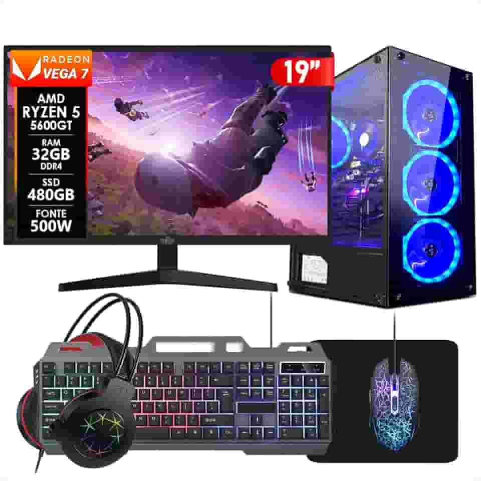 PC Gamer Completo AMD Ryzen 5 5600GT 32GB DDR4 SSD 480GB Monitor 19" Kit Gamer Fonte 500w Strong Tech