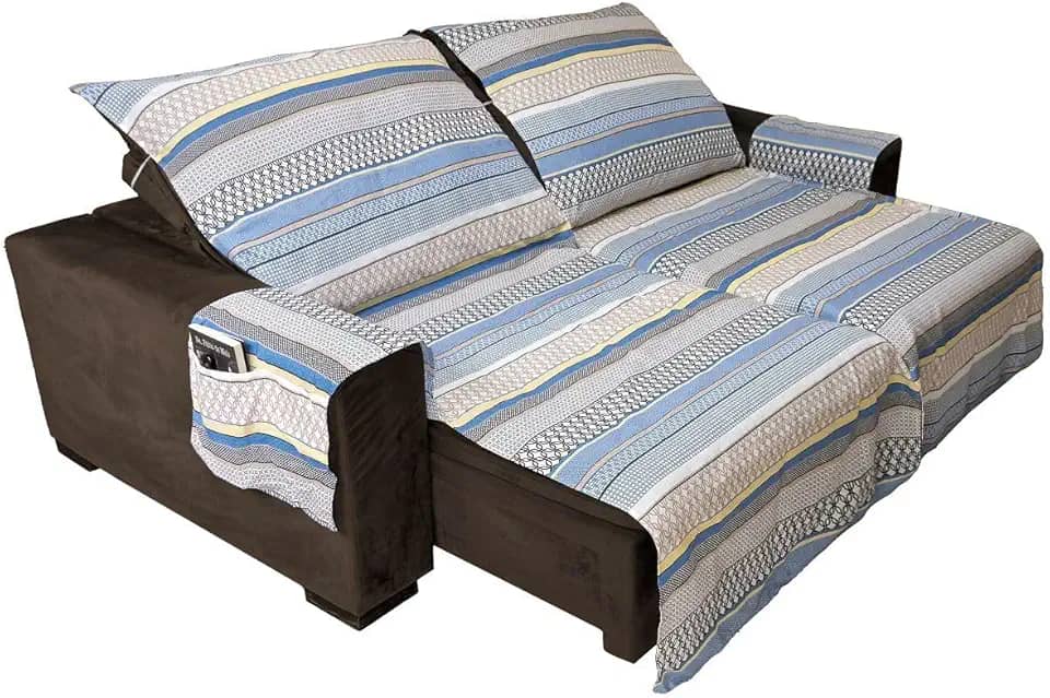 Capa Protetora para Sofá Retrátil e Reclinável 3,00 m de Assento Estampada Com Bolso – 2 Lugares 60% Algodão Antideslizante Lavável Decoração (Listrado (Azul))