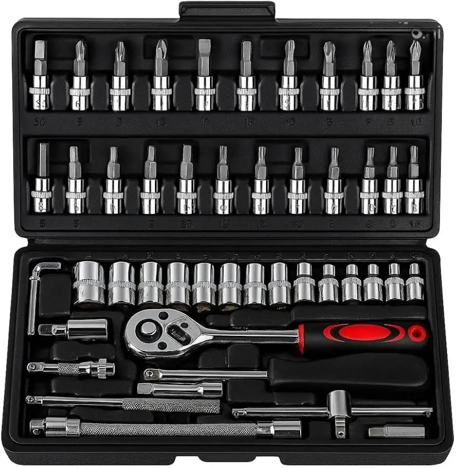 Kit de Ferramentas 46 Peças – Chave Catraca 1/4", Soquetes, Allen, Torx, Bits, Extensões e Estojo Portátil – Para Reparos Automotivos, Manutenção, Oficina e Uso Doméstico