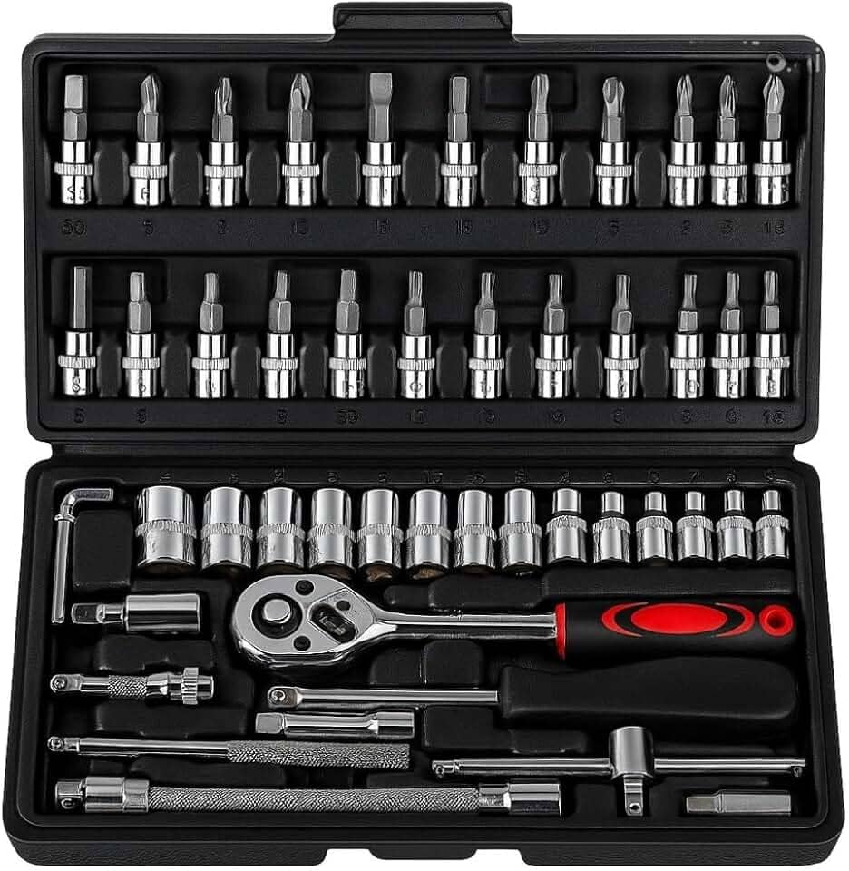 Kit de Ferramentas 46 Peças – Chave Catraca 1/4", Soquetes, Allen, Torx, Bits, Extensões e Estojo Portátil – Para Reparos Automotivos, Manutenção, Oficina e Uso Doméstico