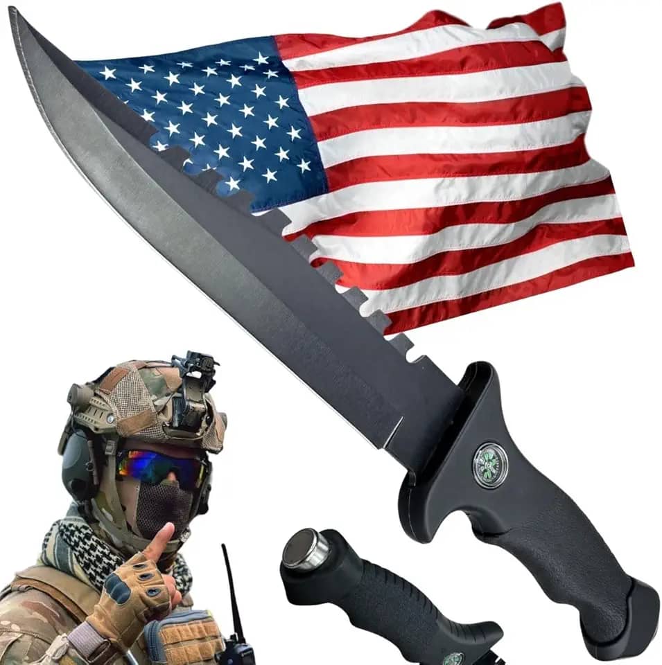 Faca Tática Sobrevivência – Lâmina Afiada, Pederneira, Bússola, Quebra-Vidro + Bainha Tática para Camping, Emergências e Aventura