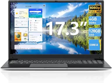 SGIN Laptop de 17,3 polegadas, laptops Windows 11 com processador Celeron I3, SSD DDR3 de 4 GB de 128 GB, bateria de 60800 mWh, tela IPS FHD, Tipo-C, HDMI, WiFi 5G, BT4.2, para negócios e estudantes