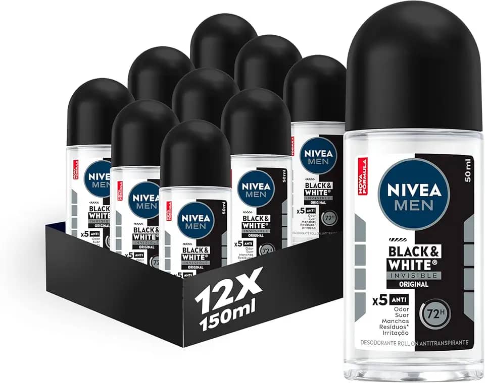 Kit NIVEA MEN Desodorante Antitranspirante Roll On Black & White INVISIBLE Original 50ml - 12 Unidades