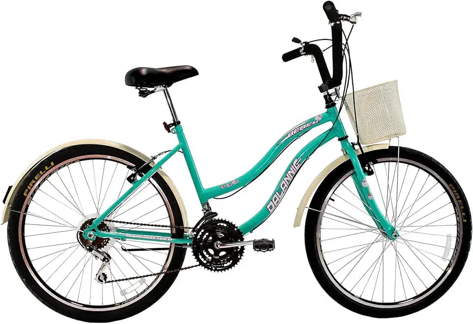 Bicicleta Feminina 26 Beach Retrô Azul Turquesa de 18 Velocidades com Aros duplos, Pneus Slik, Paralamas e Cesta Bege