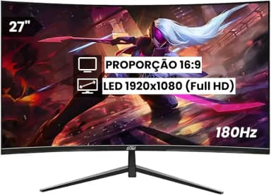 Monitor Curvo Gamer 27' 180Hz 1ms Full HD Freesync G-Sync com Conexões HDMI, DisplayPort e Suporte VESA 100x100mm