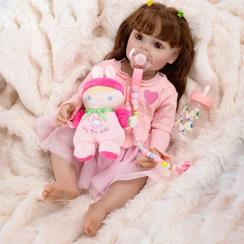 Bebê Reborn Boneca Silicone Menina Princesa Realista 55cm Olhos Castanhos Pode Dar Banho