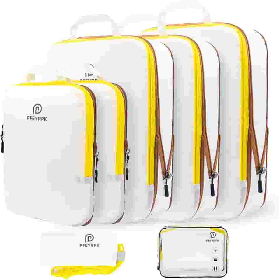 Cubos leves de compressão para malas PFEYRPK, organizador expansível de viagem com artigos de higiene e mochila transparentes, itens essenciais de viagem para bagagem de mão, conjunto com 7, Branco