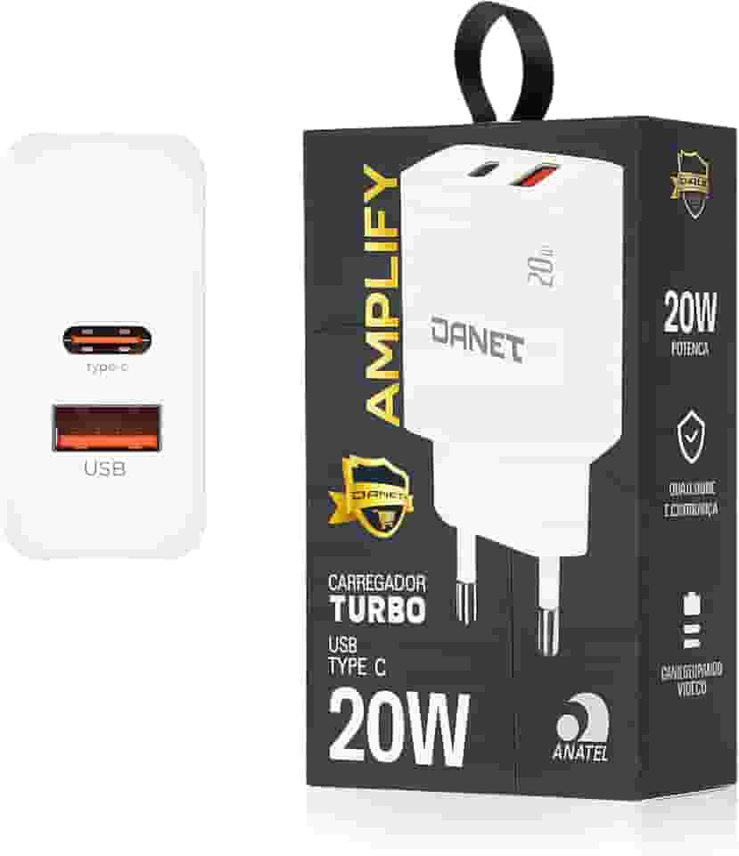 Carregador de Parede Duplo Amplify PD 20W Turbo com Saídas USB-C e USB-A Bivolt - Danet
