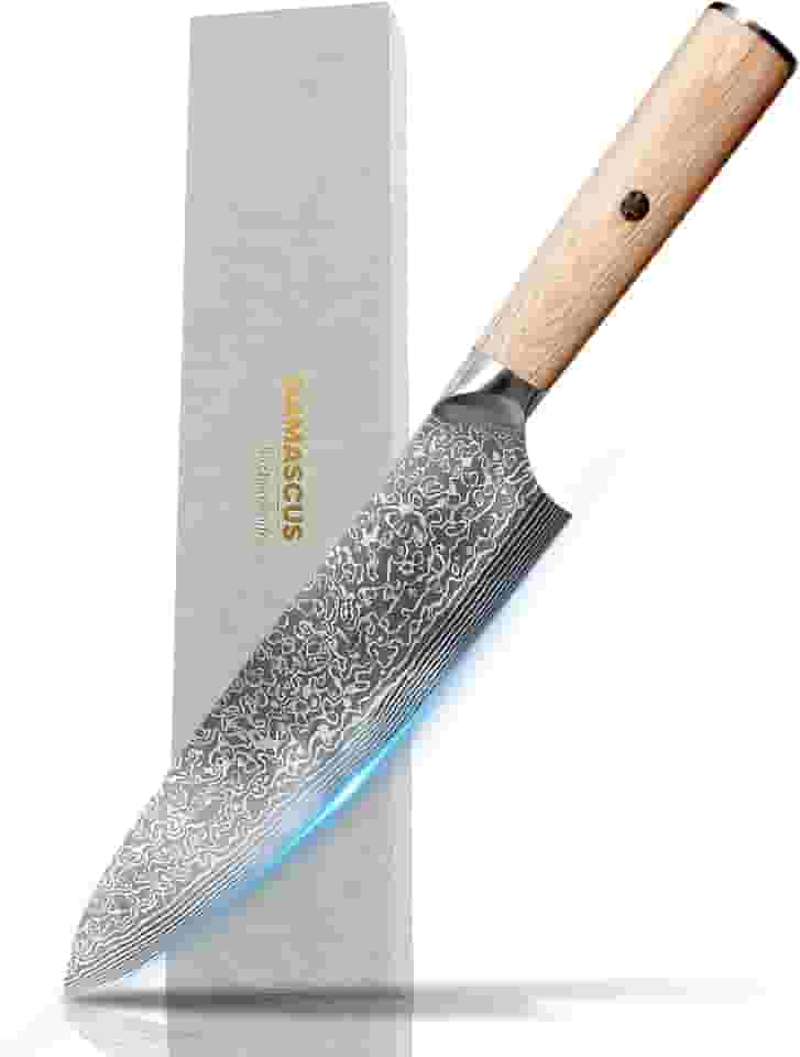 Faca de chef japonesa de 20 cm - faca de cozinha de aço damasco de 67 camadas de 2 mm, lâmina profissional afiada para carne, sushi e legumes com cabo ergonômico de madeira e caixa de presente