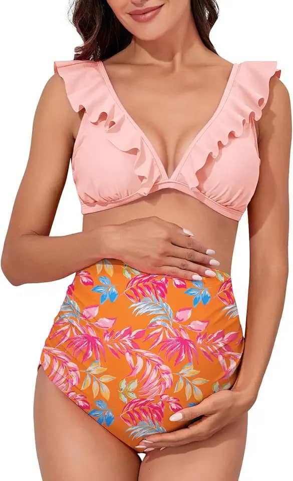 Biquíni de duas peças de cintura alta para gestantes, roupa de banho floral com decote em V para gravidez