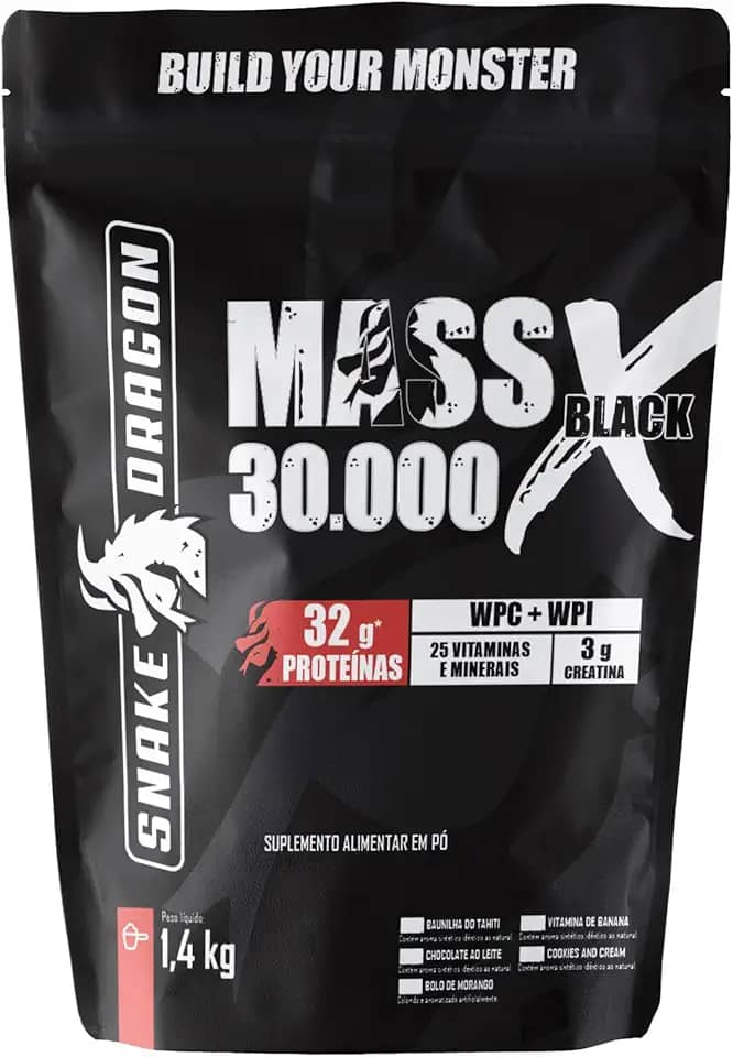Snake Dragon Hipercalórico Mass X Black 30.000 Refil 1,4Kg 724 Kcal + Whey Protein Isolado e Concentrado 25 Vitaminas e Minerais Proteínas (1,4Kg, Bolo de Morango)