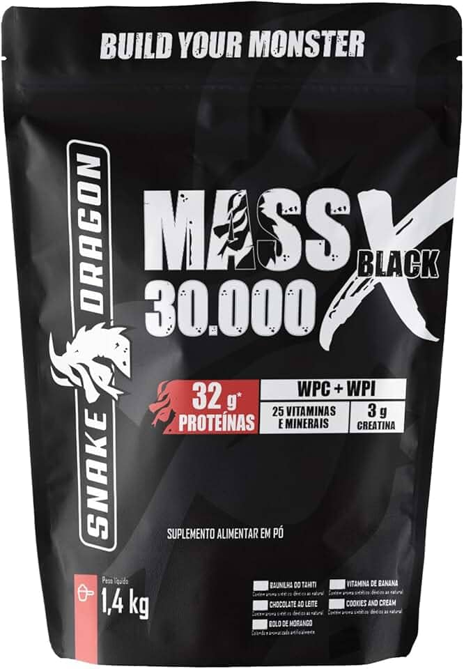 Snake Dragon Hipercalórico Mass X Black 30.000 Refil 1,4Kg 724 Kcal + Whey Protein Isolado e Concentrado 25 Vitaminas e Minerais Proteínas (1,4Kg, Cookies and Cream)