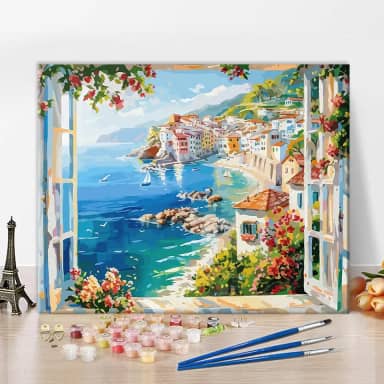 TUMOVO Kit de pintura por números para adultos, vista de janela serena à beira-mar, pintura artística de paisagem oceânica por números, pintura em tela faça você mesmo para iniciantes, decoração
