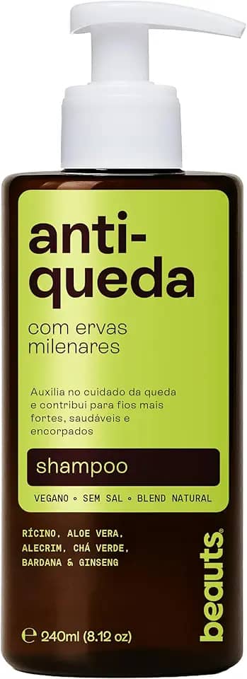 Shampoo Antiqueda com Babosa (Aloe Vera), Alecrim, Jaborandi, Rícino e Ginseng – Auxilia no Cuidado da Queda e no Fortalecimento Capilar – Vegano – 240 mL – Beauts