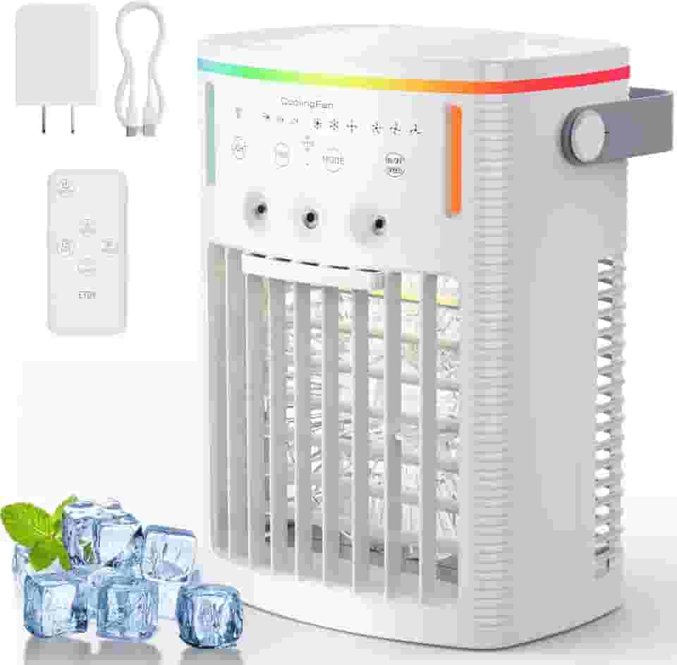 Ar Condicionado Portátil, Mini Ventilador de Ar-Condicionado Evaporativo ANGFA com 3 Velocidades e 3 Níveis de Humidificação, Luz Noturna de 7 Cores e Temporizador 2-8H, Refrigerador de Ar Pessoal