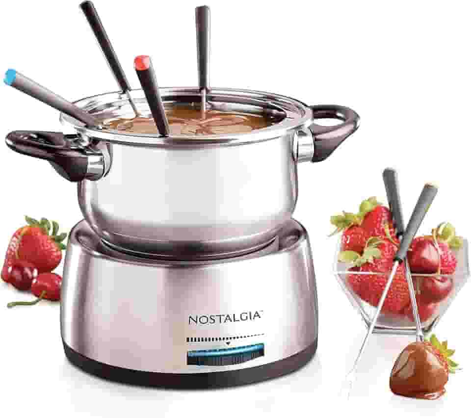 Nostalgia Conjunto de panela elétrica de fondue de 6 xícaras para queijo e chocolate - 6 garfos codificados por cores, controle de temperatura - Utensílios e aparelhos de cozinha de aço inoxidável