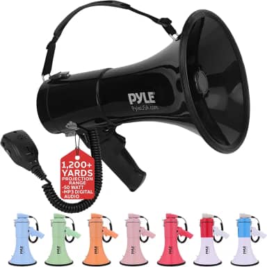 Pyle Megafone Bullhorn 50W – portátil, sirene automática e volume ajustável, alcance de projeção de até 1200 metros quadrados, entrada auxiliar, talk, sirene, música, apito e gravação, alça de ombro
