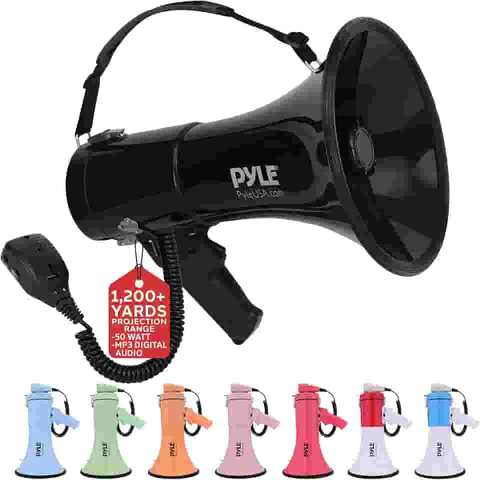 Pyle Megafone Bullhorn 50W – portátil, sirene automática e volume ajustável, alcance de projeção de até 1200 metros quadrados, entrada auxiliar, talk, sirene, música, apito e gravação, alça de ombro