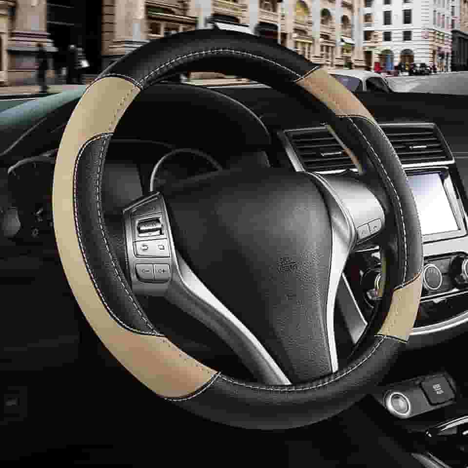 Capa de volante de carro de couro, protetor de capa de roda de carro antiderrapante, couro de microfibra respirável, ajuste universal para a maioria dos carros (bege)