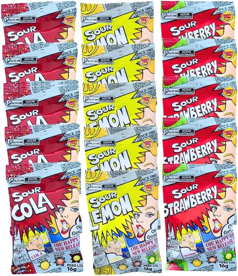 Kit Desafio SOUR 15 Pacotes | Bala Mais Azeda do Mundo | 3 Sabores (Limão, Cola e Morango) | Acidez Extrema Importada