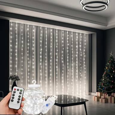 Cortina de LED 3x3m com 300 Leds Brancas Fria, Decoração de Natal, Ano Novo, Casamento, Festas e Eventos Especiais Controle Remoto, 8 Modos, Fio de Cobre, Quarto, Varandas, Janela (Branco Quente)