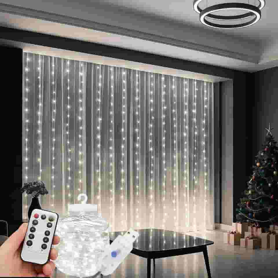 Cortina de LED 3x3m com 300 Leds Brancas Fria, Decoração de Natal, Ano Novo, Casamento, Festas e Eventos Especiais Controle Remoto, 8 Modos, Fio de Cobre, Quarto, Varandas, Janela (Branco Quente)