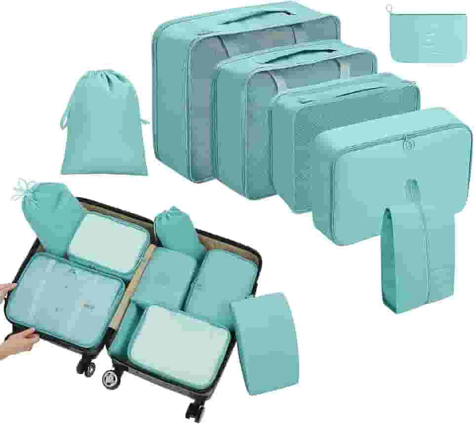 Organizador Viagem Kit 7 Peças - Necessaire para Bagagem Malas Roupas Bolsa Cosméticos Higiene - Dobrável Impermeável Multiuso Feminina Masculina Unissex Grande Compacto Prático (AZUL CLARO)