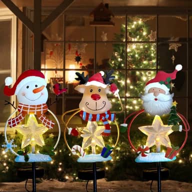 Pacote com 3 estacas de Natal, decoração de estaca de Natal, luz solar para jardim ao ar livre, boneco de neve/Papai Noel, rena, estacas de quintal com luzes de LED à prova d'água para casa, gramado, caminho, Natal, decoração de inverno