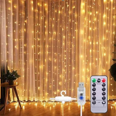 Cortina de Luz LED 3x3m com 300 LEDs Branca Quente | USB, Controle Remoto, 8 Modos, IP68 | Natal, Festa, Casamento, Quarto | A Única Loja Autorizada | Decoração Encantadora com Fio de Fada