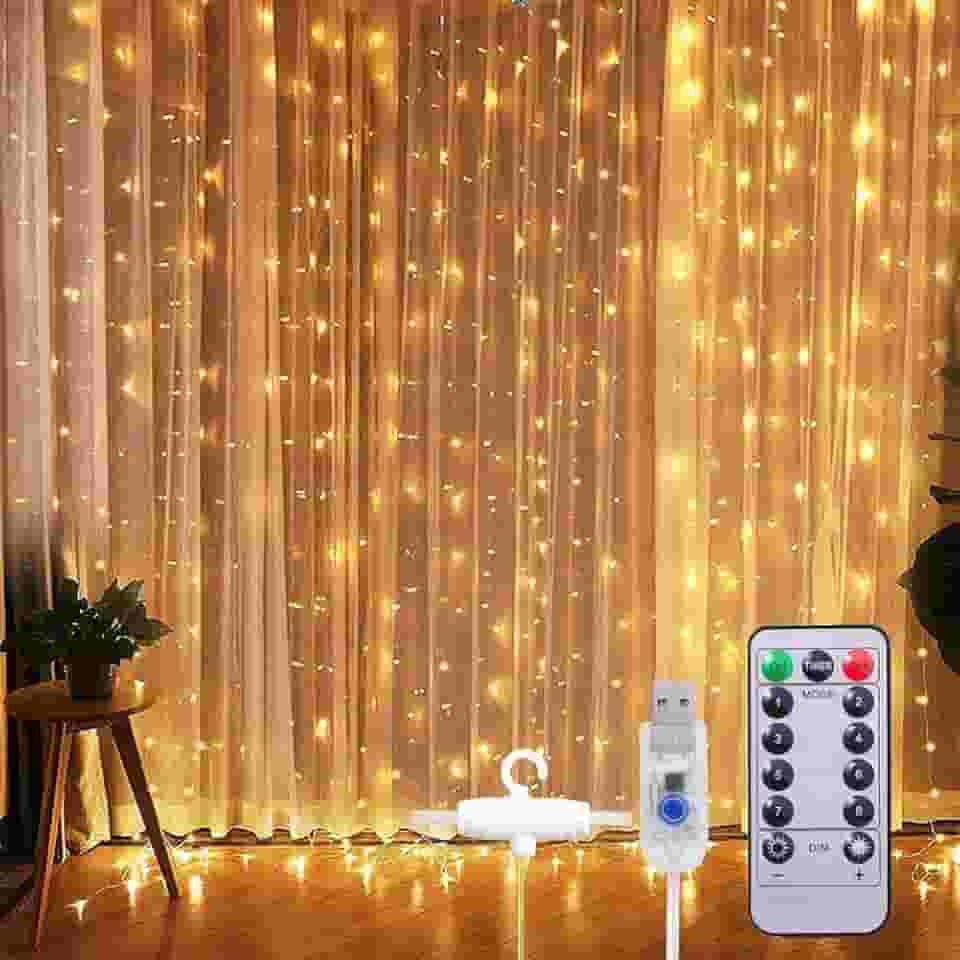 Cortina de Luz LED 3x3m com 300 LEDs Branca Quente | USB, Controle Remoto, 8 Modos, IP68 | Natal, Festa, Casamento, Quarto | A Única Loja Autorizada | Decoração Encantadora com Fio de Fada