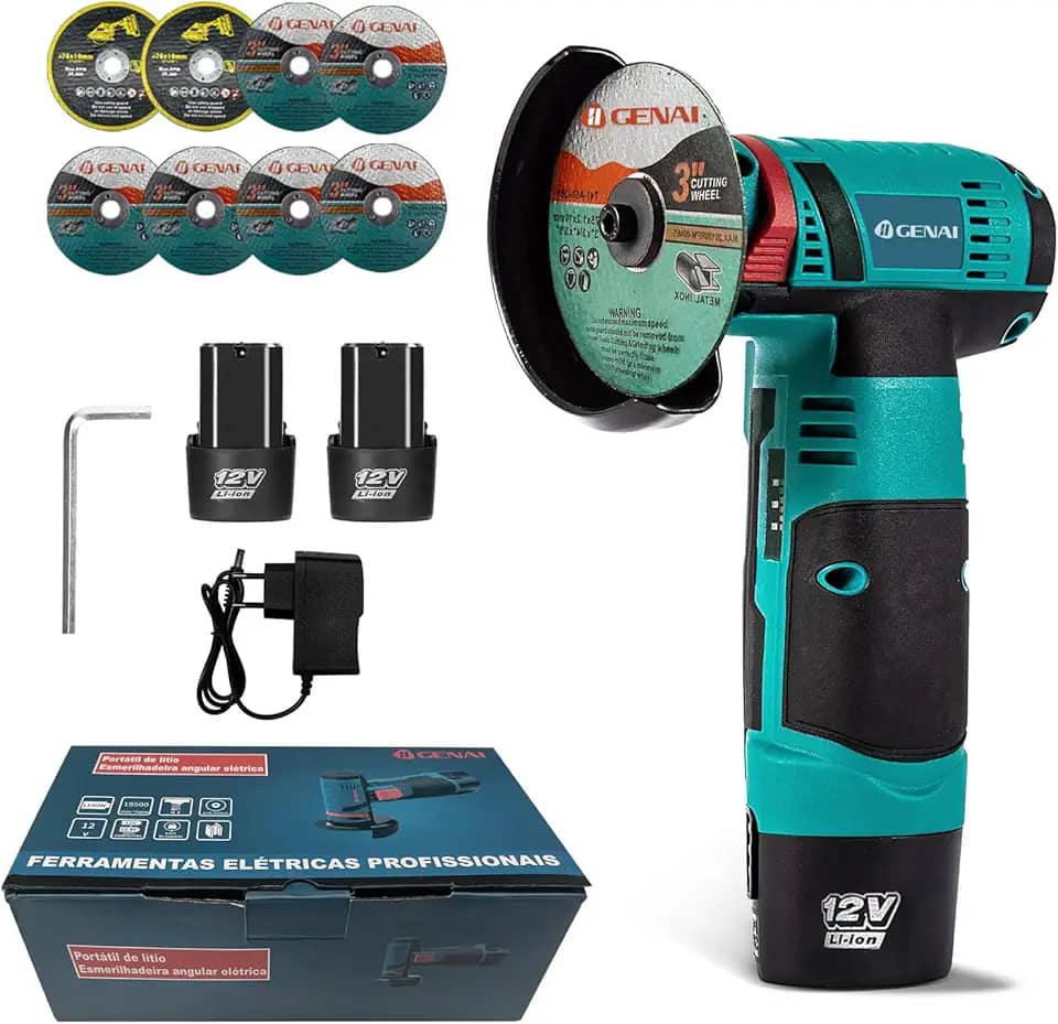 IIGENAI Ferramenta de Lixar e Cortar Esmerilhadeira Lixadeira Sem Fio Portátil Esmerilhadeira 12V 1500 220V (2 Bateria + 8 Pcs Discos de Corte)