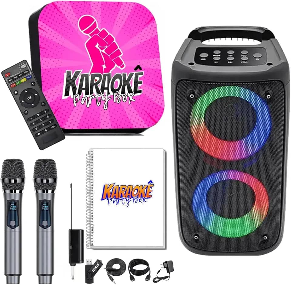 Karaoke Party Box Profissional Rosa +2 Microfones Sem Fio +Caixa De Som +2000 Músicas +Catálogo (Sistema Com Pontuação) Jukebox Com Lista De Espera