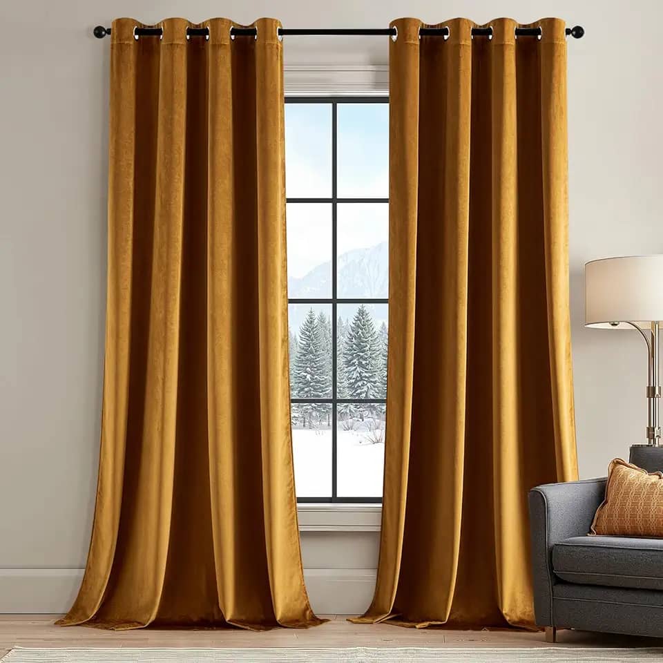 ANRODUO Cortinas de veludo marrom dourado 213 cm de comprimento, isolamento acústico, painéis de cortina à prova de som, para sala de estar, privacidade, ilhós, cortinas de janela para quarto,