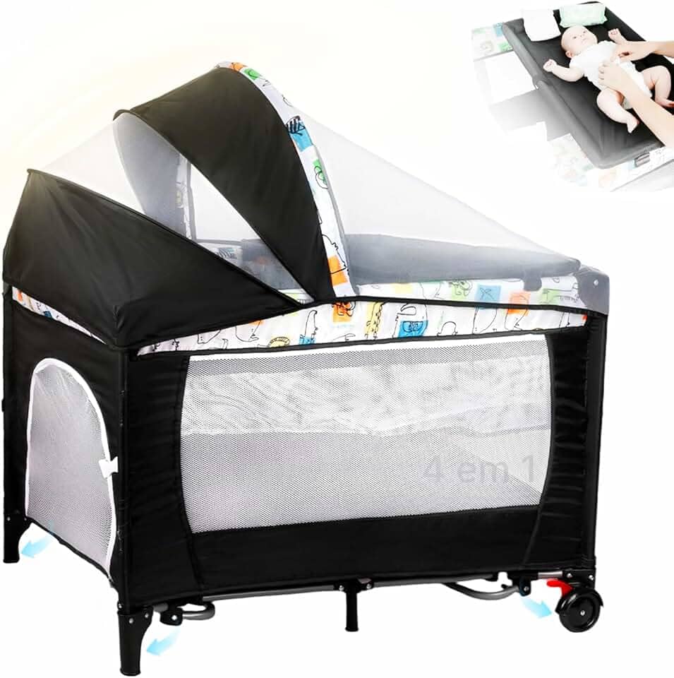 Berço Portátil 3 em 1 cercadinho Infantil Até 15 Kg chiqueirinho moises para bebe com Mosquiteiro, Barra de Brinquedos Trocador Móbile e Bolsa - berco acoplado a cama - Seguro, Confortável e Compacto