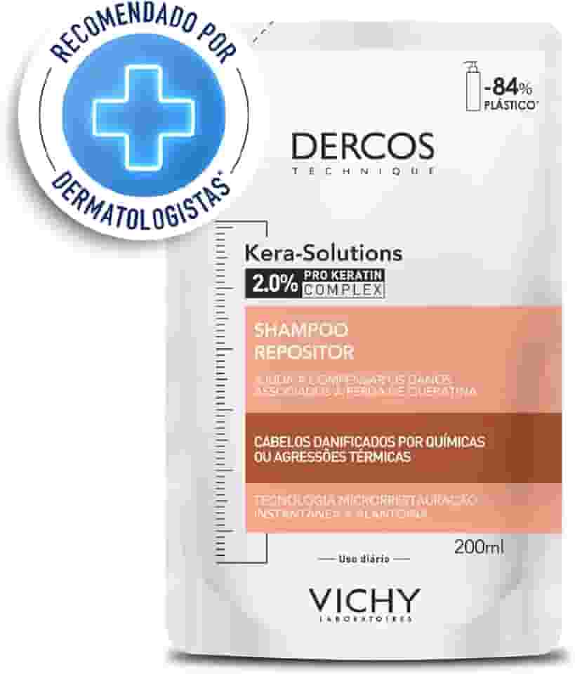 Vichy Dercos Kera Solutions, Shampoo Refil Repositor para Cabelos Danificados com Ação Antifrizz e Reposição de Queratina Reduz 63% dos Danos no Primeiro Uso, 200ml