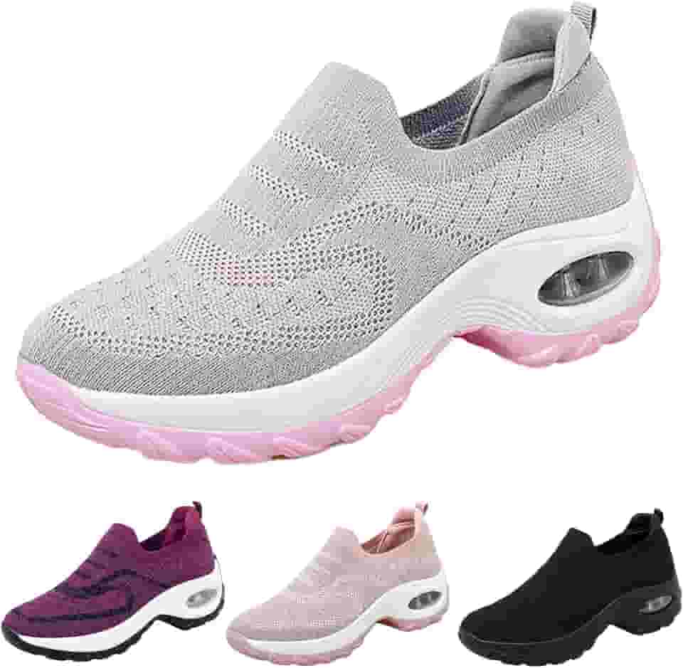 Tênis feminino com plataforma ortopédica de malha de malha com suporte de arco, leve, respirável, antiderrapante, para treino, corrida, trabalho, mocassim