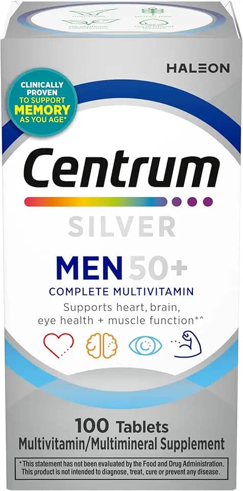 Centrum Multivitamínico prata para homens 50 Plus, suplemento multimineral, vitamina D3, vitaminas B e zinco, sem glúten, ingredientes não OGM, auxilia na memória e cognição em adultos mais velhos -
