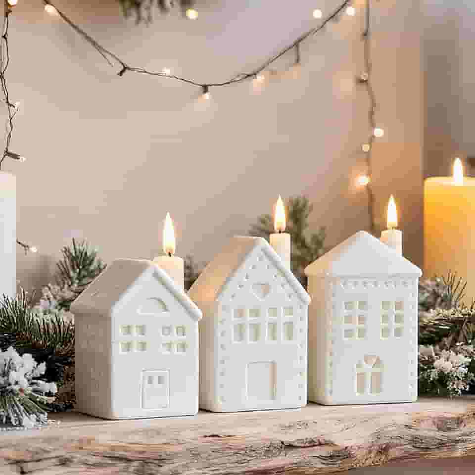 WDS WONDROUS Decorações de casas de aldeia de Natal, 3 peças de casas de cidade de cerâmica branca iluminadas com chaminé de vela, conjunto de casas de aldeias de Natal com luzes para decoração de