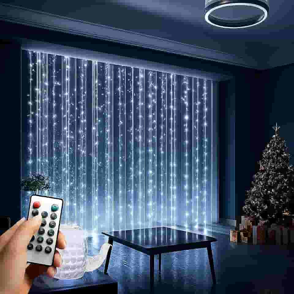Cortina LED Decorativa, 3x3 Metros, 300 LEDs Brancos Frios, com Controle Remoto 8 Modos, USB 110V/220V, para Natal, Casamentos, Festas, Varandas, Quarto - KDEZ STORE
